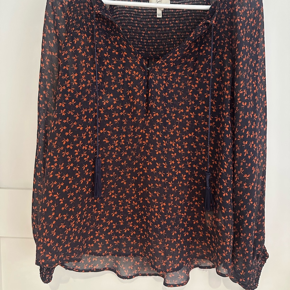 Joie Sheer Floral Peasant Blouse in Orange and Navy - S (P)